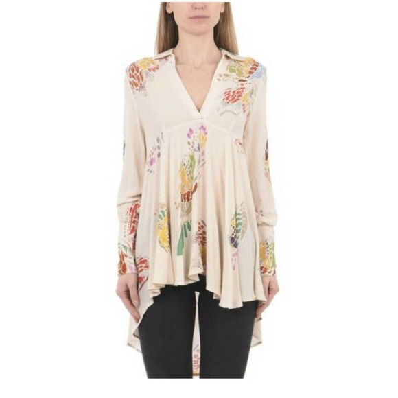 Free People Womens Blouse small Beige Field of Butterflies Tunic Boho Sheer - Picture 1 of 7